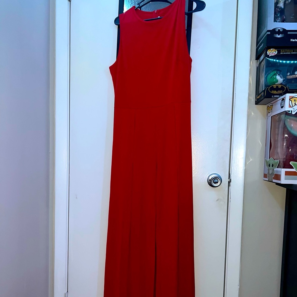 Long red pant suit dress